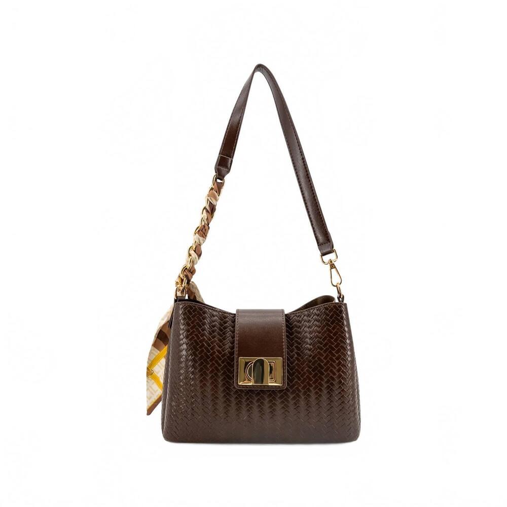 NEW LIKE DREAMS women's sabine woven scarf crossbody bag in chocolate brown